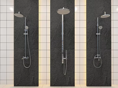 Modern Shower Head Set With Rainfall And Handheld Features Mounted On Black Bathroom Tile Wall 3d model