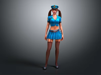 3D Female Character In Blue Police Uniform With Pigtails Skirt And Stockings 3d model