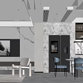 Modern Dining and Living Room Interior Featuring Marble Wall TV And Dining Table Chairs