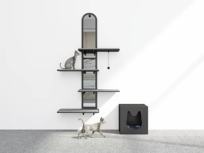 Modern Black Cat Tree With Multi Level Platforms Mirror Hanging Ball And Cats 3d model
