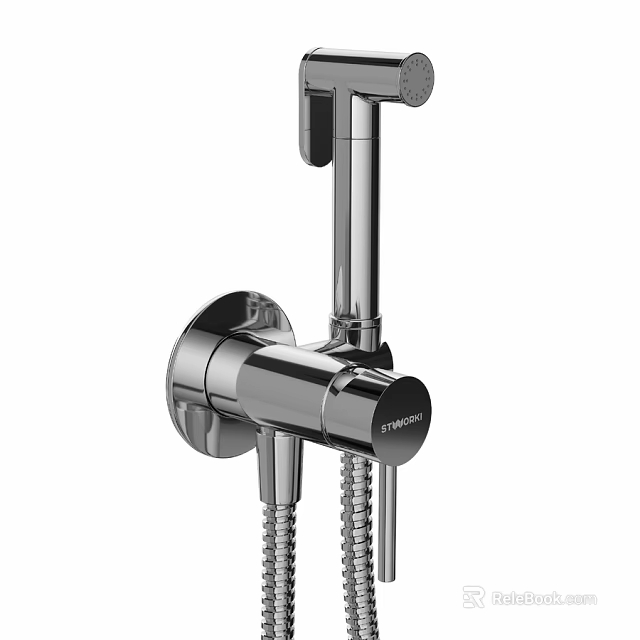Modern Sleek Chrome Shower Faucet With Handheld Showerhead Flexible Hose And Control Knob 3d model 