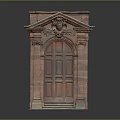Vintage Red Brick and Wooden Door Furniture with Ornate Carvings and Pediment Design