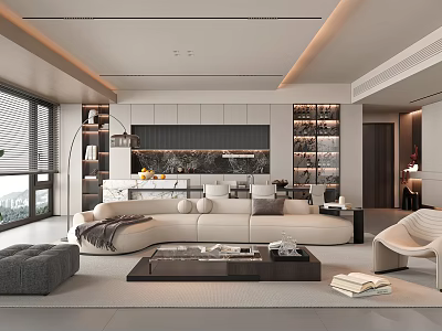 Modern Living and Dining Room Interior With Open Layout Sofa Coffee Table And Bookshelves 3d model