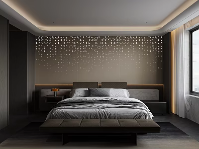 Modern Bedroom Interior Design With Dotted Accent Wall Upholstered Bed And Wooden Bench 3d model