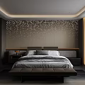 Modern Bedroom Interior Design With Dotted Accent Wall Upholstered Bed And Wooden Bench