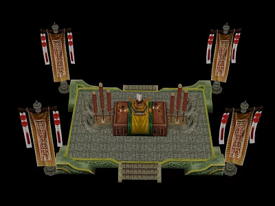 Ancient Style Ceremonial Platform With Central Table Yellow Cloth Surrounding Banners And Stone Pillars 3d model