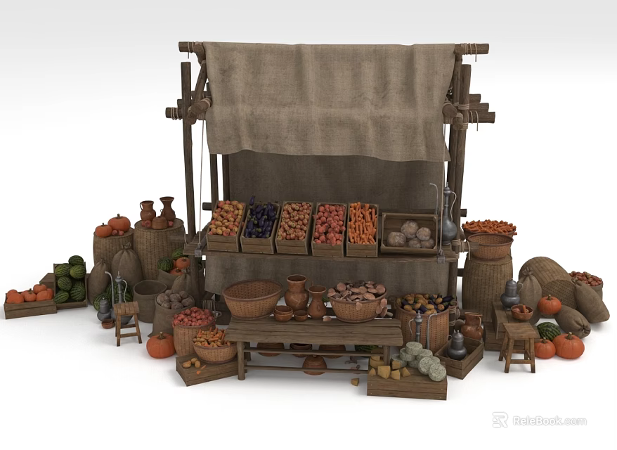 Fresh Fruits And Vegetables At Traditional Wooden Market Stall With Clay Pots 3d model 