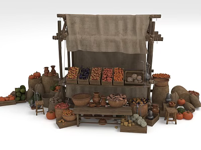 Fresh Fruits And Vegetables At Traditional Wooden Market Stall With Clay Pots 3d model