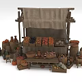 Fresh Fruits And Vegetables At Traditional Wooden Market Stall With Clay Pots