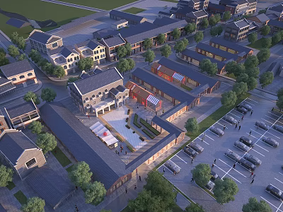 Aerial View Of Industrial Workshop Complex With Greenery Parking Area And Road Network 3d model