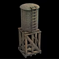 Vintage Metal Water Tower Structure With Wooden Support And Ladder