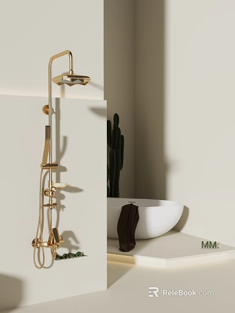 Elegant Golden Shower Head In Bathroom With White Bathtub Cactus And Beige Walls 3d model 