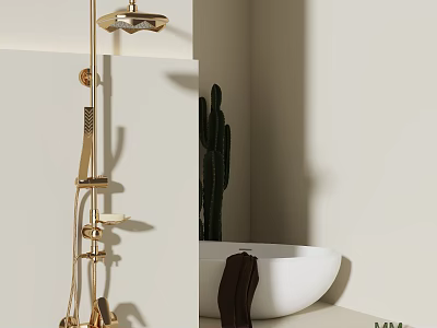 Elegant Golden Shower Head In Bathroom With White Bathtub Cactus And Beige Walls 3d model