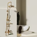 Elegant Golden Shower Head In Bathroom With White Bathtub Cactus And Beige Walls