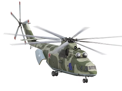 Military Style Helicopter With Camouflage Paint Red Star Emblem And Rotors 3d model