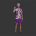 Elderly man wearing purple hat and purple patterned shirt waving hand against gray background