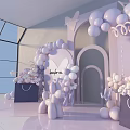 Purple Inflatable Party Setup with Balloon Arch Heart Decor Flower Bouquets and Black Shopping Bags