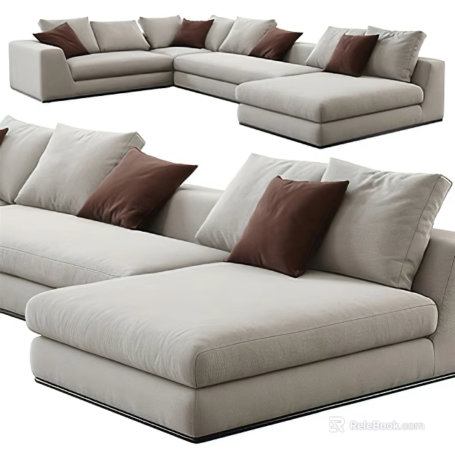 Modern Light Gray Sectional Sofa With Brown Accent Pillows And Multi-seat Design 3d model