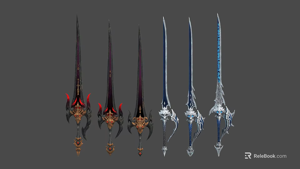 Various Fantasy Swords With Unique Decorative Hilts And Intricate Blade Designs 3d model 