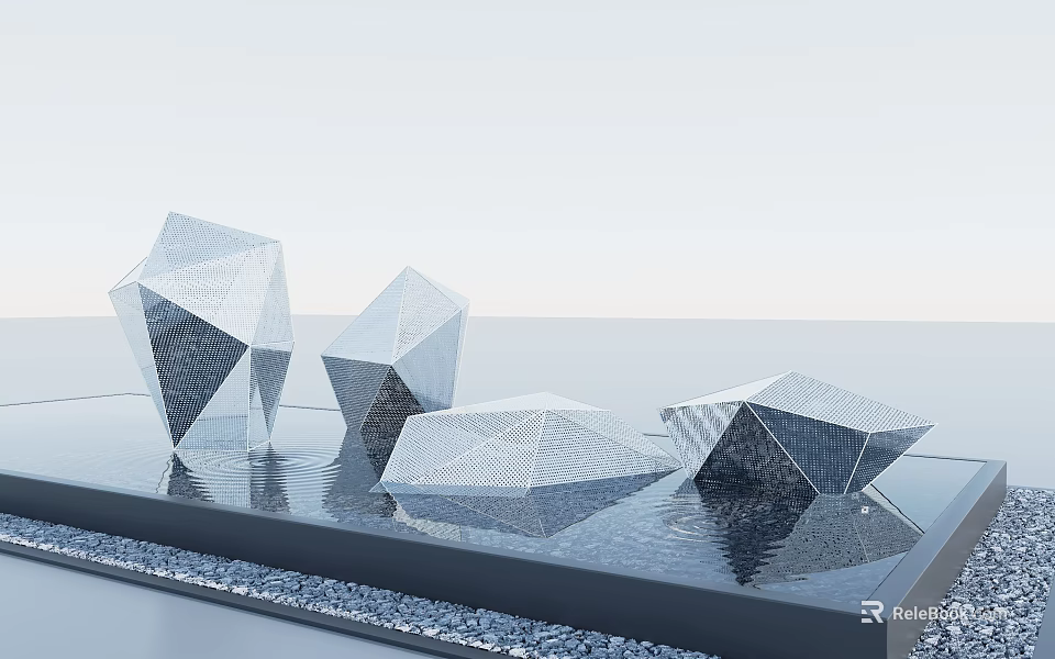 Geometric Sculptures In Water Pool With Shiny Metallic Surface And Reflections 3d model 