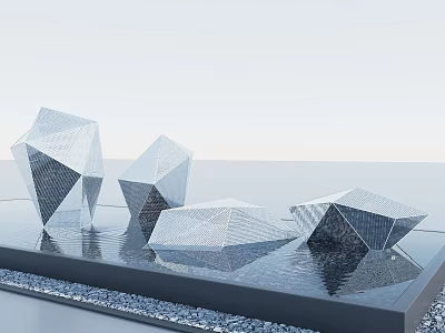 Geometric Sculptures In Water Pool With Shiny Metallic Surface And Reflections 3d model