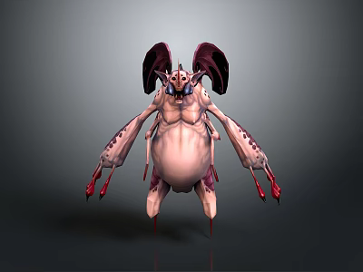 Fantasy Creature with Large Purple Wings Multiple Pink Limbs Red Claws and Bulbous Body 3d model