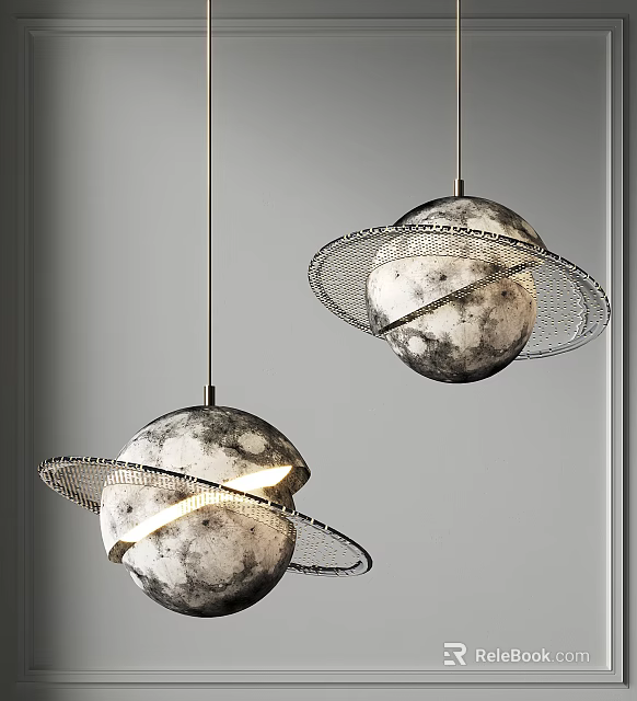 Creative Planet Shaped Pendant Lights with Ring Metal Frame and Moon like Texture 3d model
