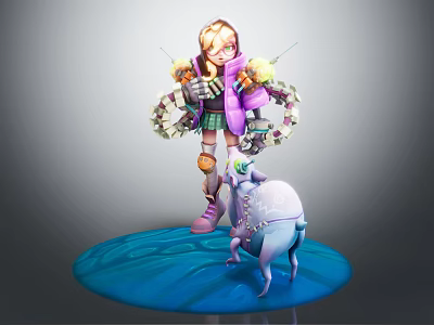 Blonde Female Character In Purple Coat With Mechanical Parts And White Horned Creature 3d model