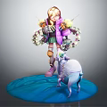 Blonde Female Character In Purple Coat With Mechanical Parts And White Horned Creature
