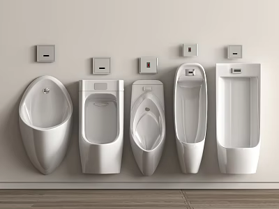 Various Designed Urinals Mounted on White Wall with Wooden Floor Background 3d model
