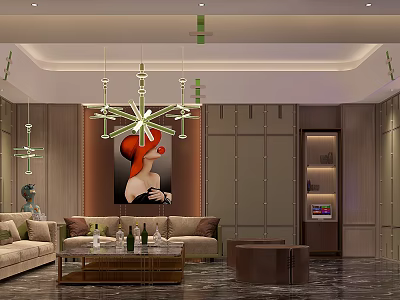 Elegant Modern KTV Lounge Area With Sofa Chandelier Decorative Painting And Wine Cabinet 3d model
