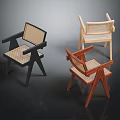Three Modern Woven Armchairs With Sleek Wooden Frames In Black Light Wood And Brown Colors
