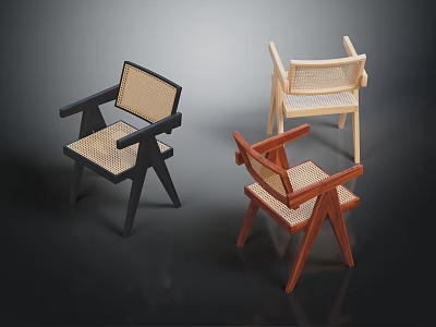 Three Modern Woven Armchairs With Sleek Wooden Frames In Black Light Wood And Brown Colors 3d model