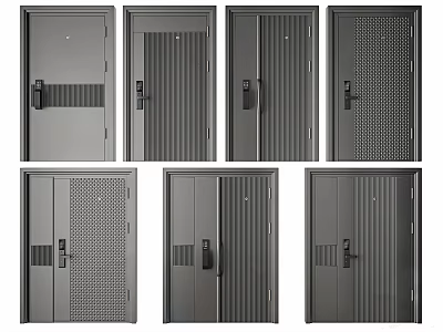 Gray Security Doors With Various Designs Single And Double Panel Metal Accents And Locks 3d model