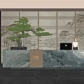 Hotel Front Desk With KAI Logo Green Marble Countertop Wooden Lattice Screen And Bonsai Pine