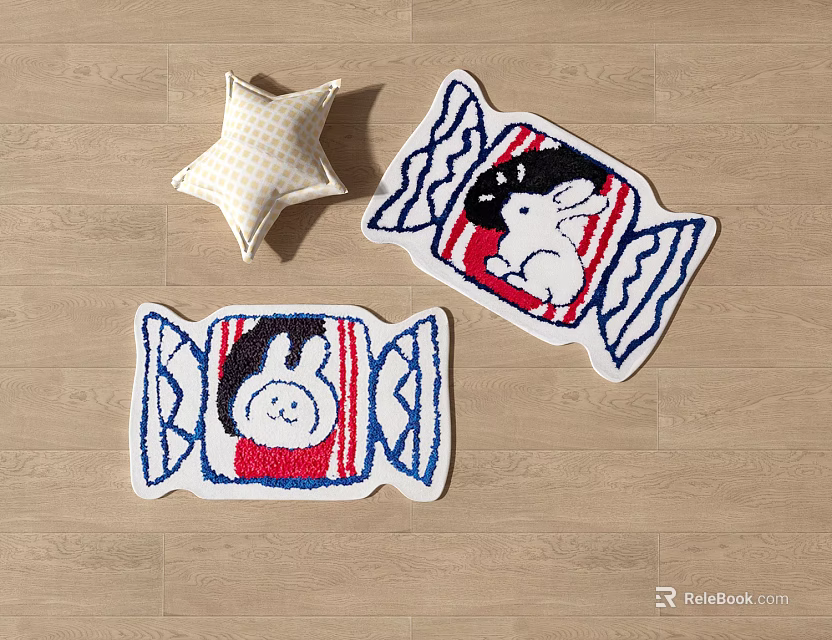 Cute Candy Shaped Rugs With Rabbit And Penguin Patterns Alongside Star Pillow On Wooden Floor 3d model 