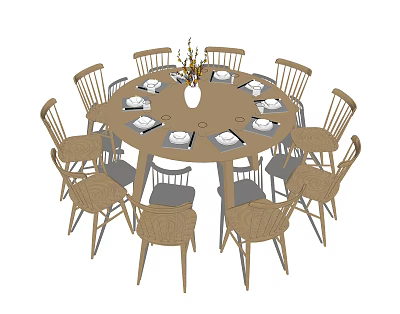 New Chinese Dining Table and Chair Combination Seat Dining Table Round Seat 3d model