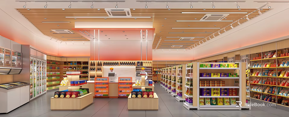 Bright Modern Supermarket Department Store With Shelves Displaying Food Items And Daily Necessities 3d model 