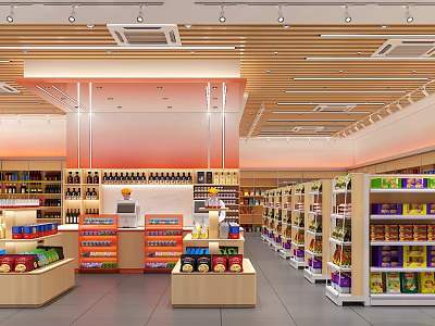 Bright Modern Supermarket Department Store With Shelves Displaying Food Items And Daily Necessities 3d model