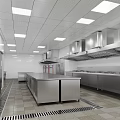 Commercial Kitchen Interior Featuring White Tiled Walls Stainless Steel Worktables Bright Lighting And Windows