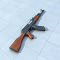Military Rifles With Brown Wooden Stock And Camouflage Pattern On Tiled Floor