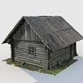 Rustic Log Cabin With Weathered Wooden Roof And Small Window On Green Grass
