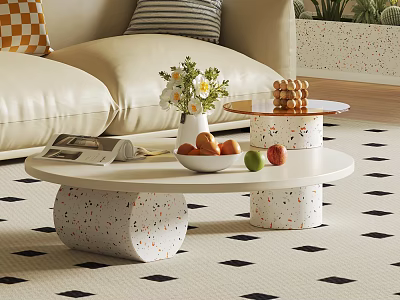 Modern Coffee Table With Speckled Base Fruits Vase And Magazines In Living Room 3d model