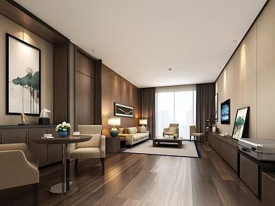 Modern Hotel Guest Room With Wooden Flooring Sofa Coffee Table TV And Decorative Paintings 3d model