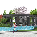 Modern Garden Landscape With Circular Structure Cherry Blossom Tree And Water Features 3d model