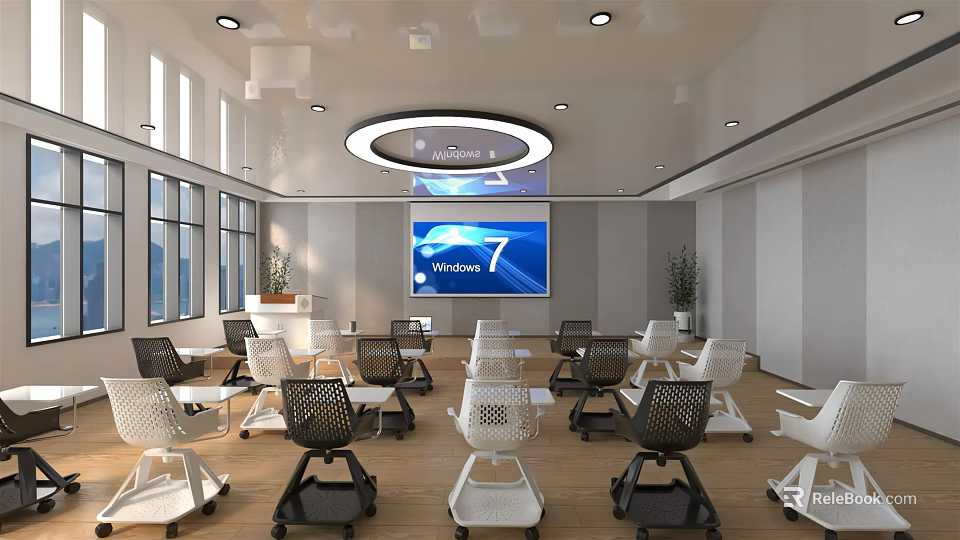Modern School Classroom With Ergonomic Chairs Desks Large Screen And Learning Facilities 3d model 