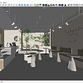 Modern Cafe Interior Design With Green Plants Round Tables Bar Counter And Pendant Lights
