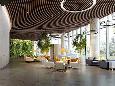 Modern Front Desk Reception Area With Wooden Ceiling Circular Pendant Lights And Green Plants 3d model