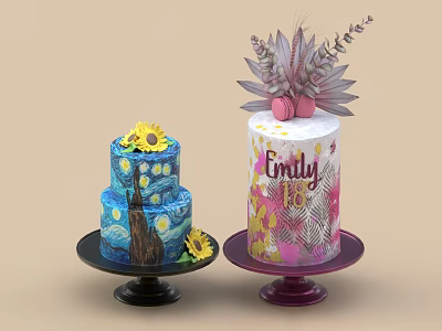 Two Decorated Celebration Cakes Blue Starry Night Sunflower And White Emily 10 Floral Topper 3d model