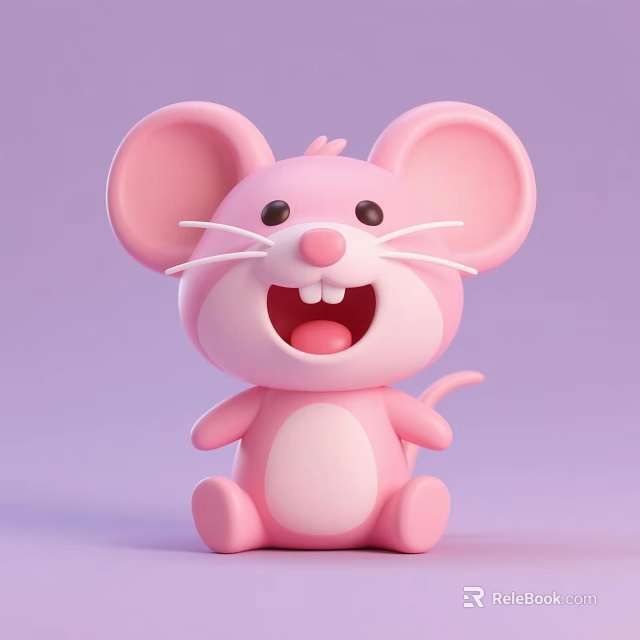 Cute Pink Stuffed Mouse Toy With Big Ears Open Mouth And Light Purple Background 3d model 